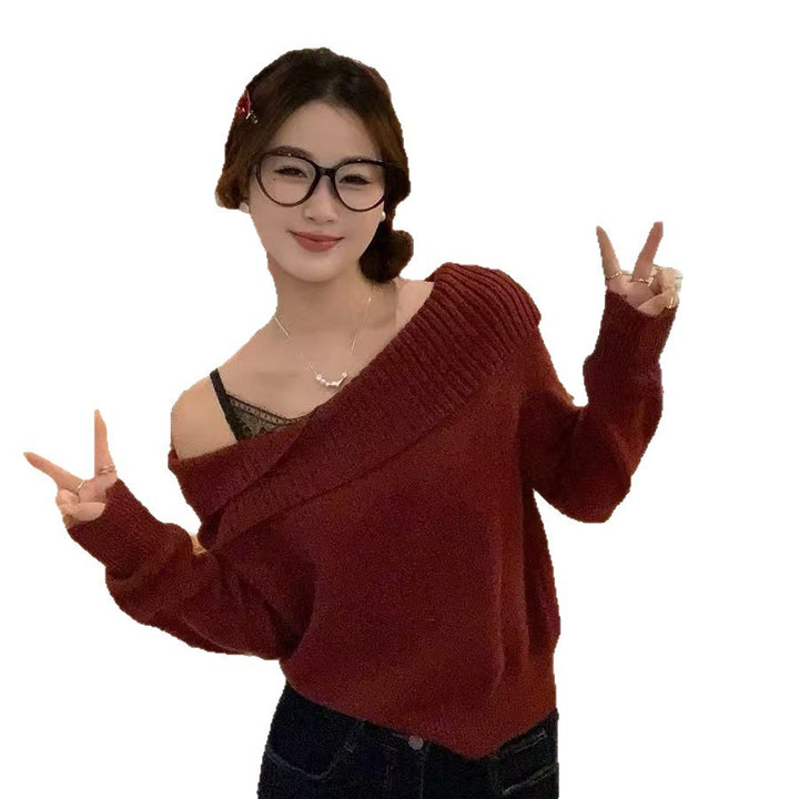 Damen lässiger Strickpullover mit Off-Shoulder-Design und modernen Rippdetails Drune