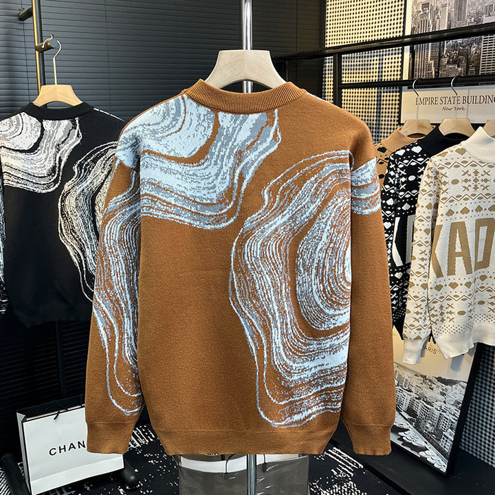 Herren Grobgestrickter Rundhalspullover mit abstraktem Marmor-Jacquard Drune