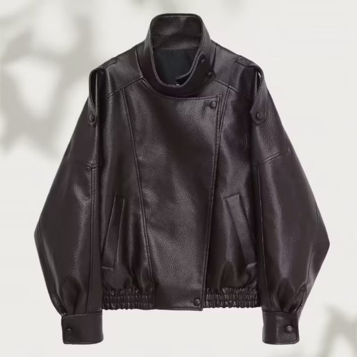 Damen Oversized Kunstleder-Bikerjacke mit asymmetrischem Revers, Stehkragen und Taillenzug Drune