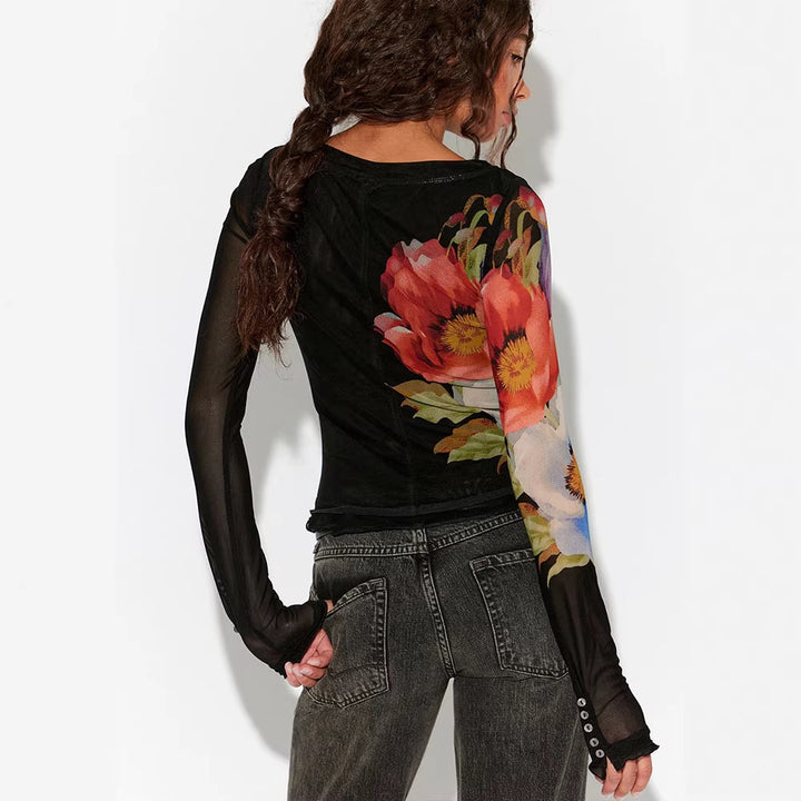 Damen Langarmshirt mit floralem Musterdruck und transparentem Stoff Drune