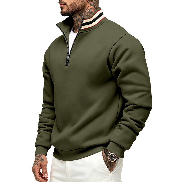 Herren Sweatpullover mit halbem Reißverschluss und gestreiftem Stehkragen Drune
