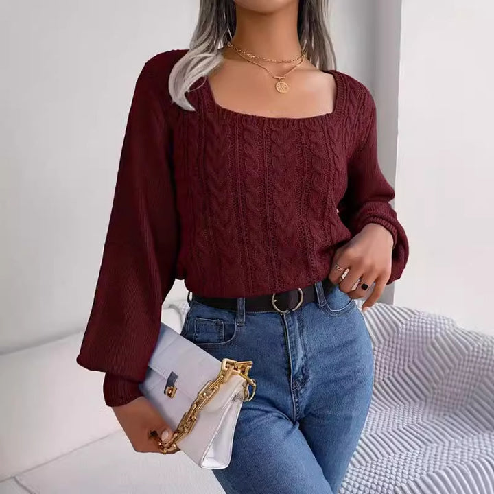 Damen Großer Strickpullover mit elegantem Quadrat-Ausschnitt und Zopfmuster Drune