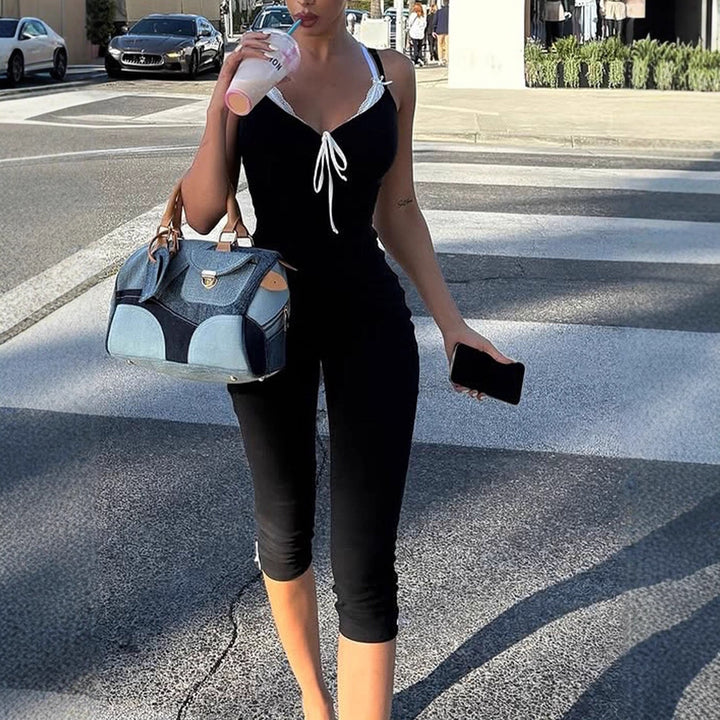 Damen bodenlanger Jumpsuit mit zarten Rüschendetails und verstellbaren Trägern Drune