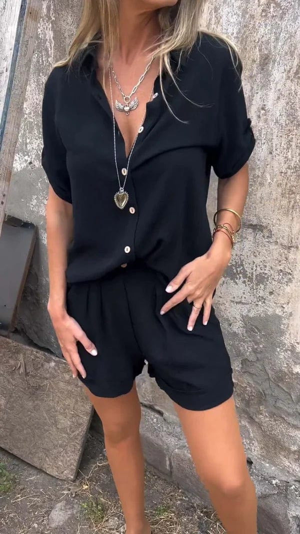 Damen Kurzoverall mit elegantem Hemdkragen und Taillengürtel Drune