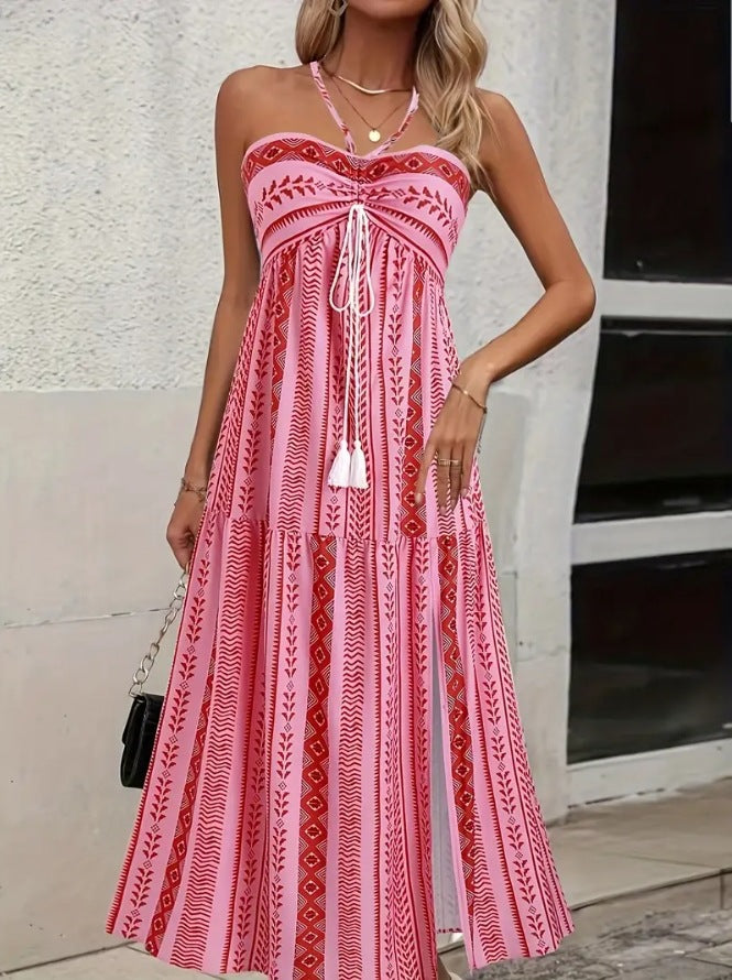 Damen Maxikleid mit V-Ausschnitt und verspieltem Streifenmuster Drune