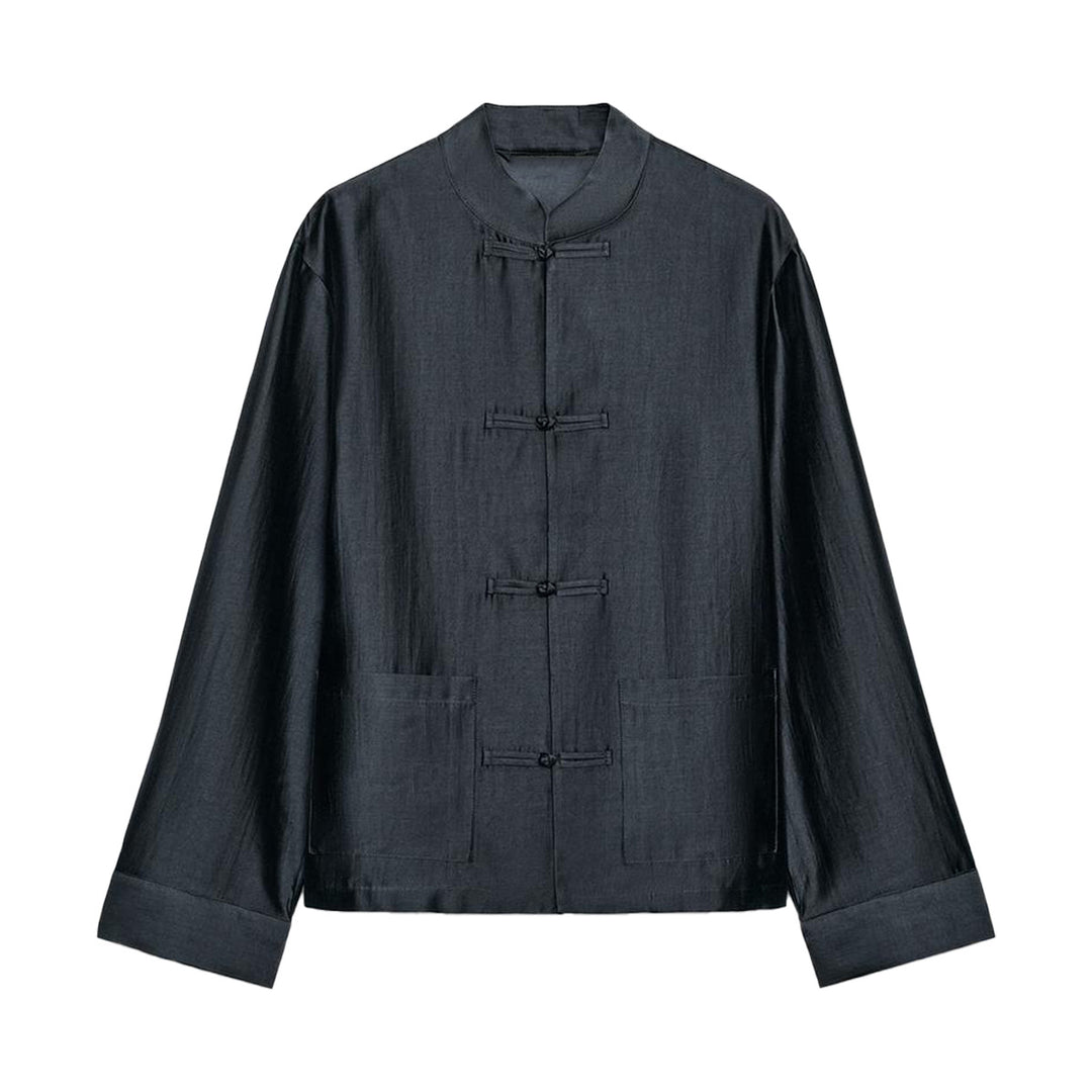 Damen Locker geschnittene Jacke mit Mandarinkragen und Knotenverschlüssen Drune