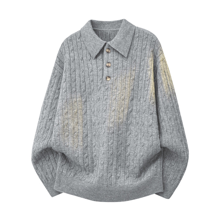 Herren Grobgestrickter Oversize-Polo-Pullover mit Knopfleiste & Zopfmuster Drune