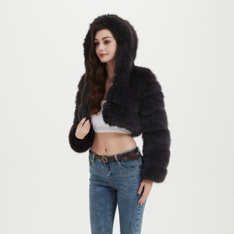 Damen Cropped Kunstpelzjacke mit horizontalen Volumenpaneelen, Steh-Umlegekragen und Reißverschluss Drune