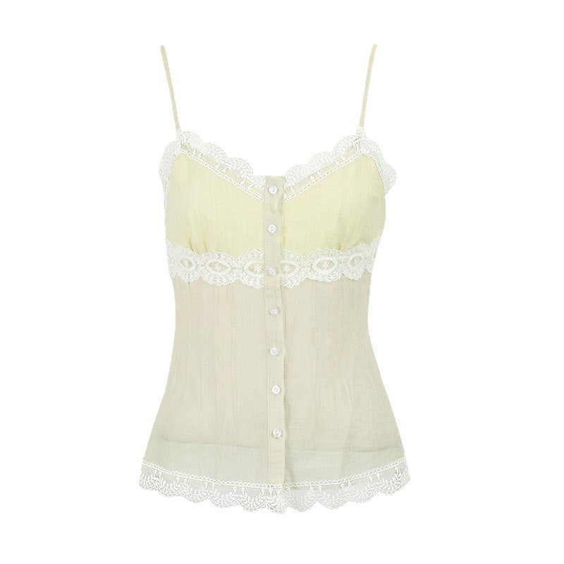 Damen Spaghettiträger Bluse mit Spitzenakzenten und Knopfdetail Drune