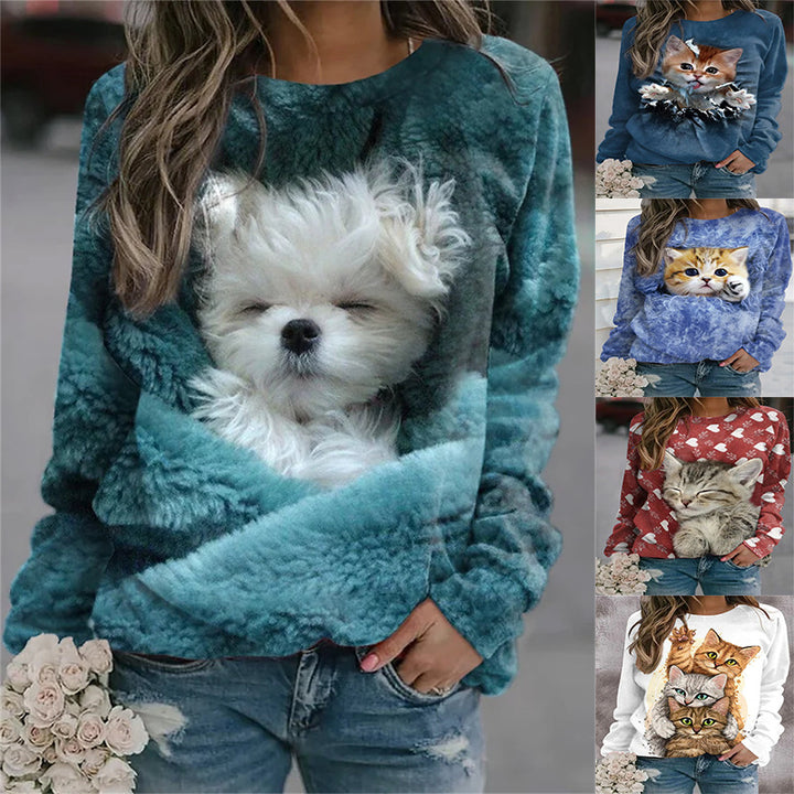 Damen Gemütlicher Übergroßer Fleece-Pullover mit Großem Welpenfoto-Print Drune
