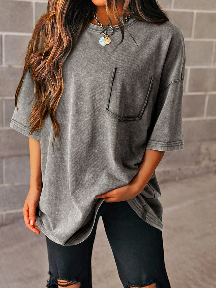 Damen lockeres T-Shirt mit praktischer Brusttasche Drune