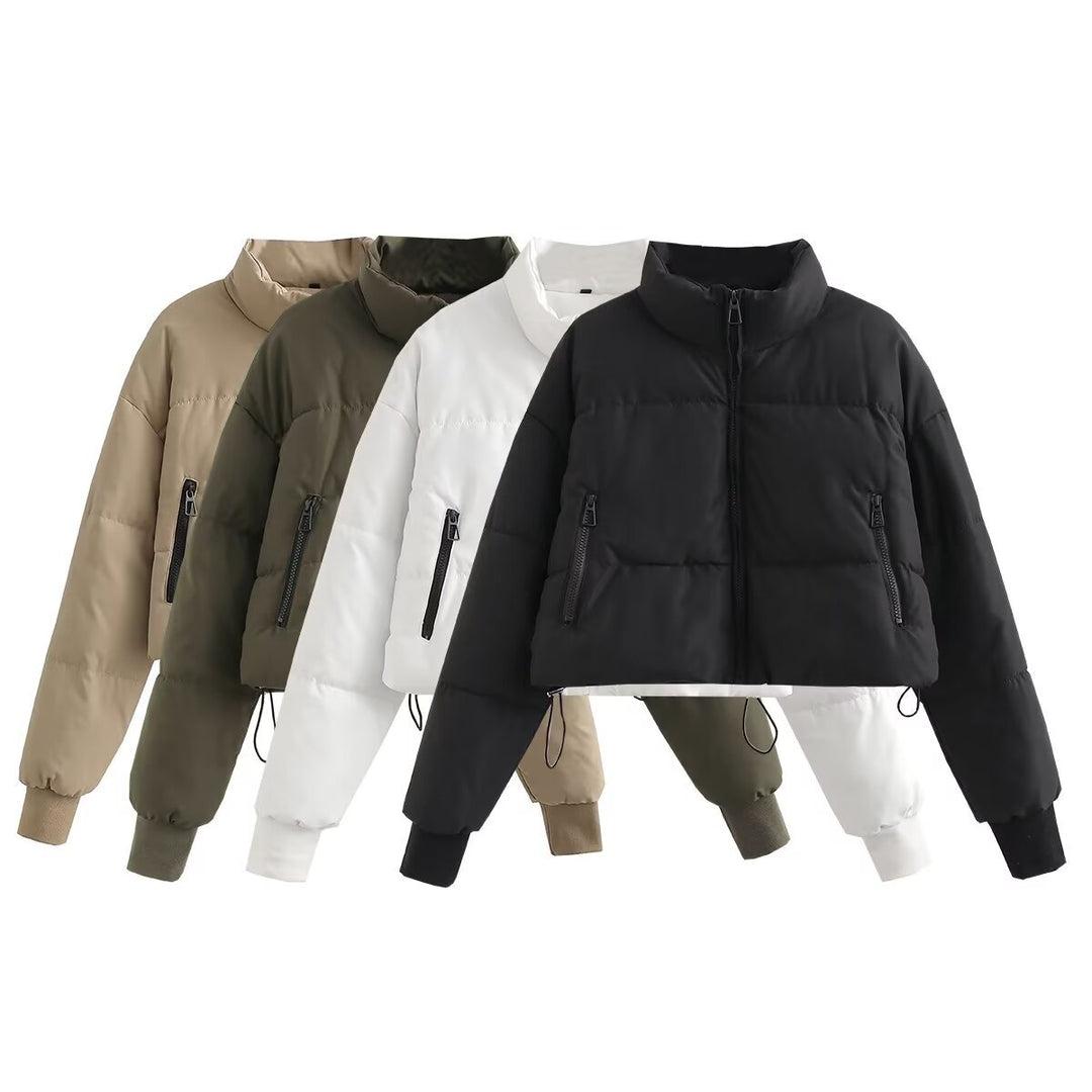 Damen nan cropped Steppjacke mit hohem Kragen, elastischen Bündchen und verdecktem Kordelzug Drune