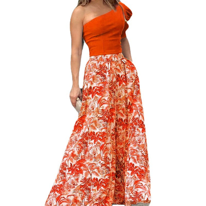 Damen Maxikleid mit asymmetrischem Oberteil und floralen Musterdetails Drune