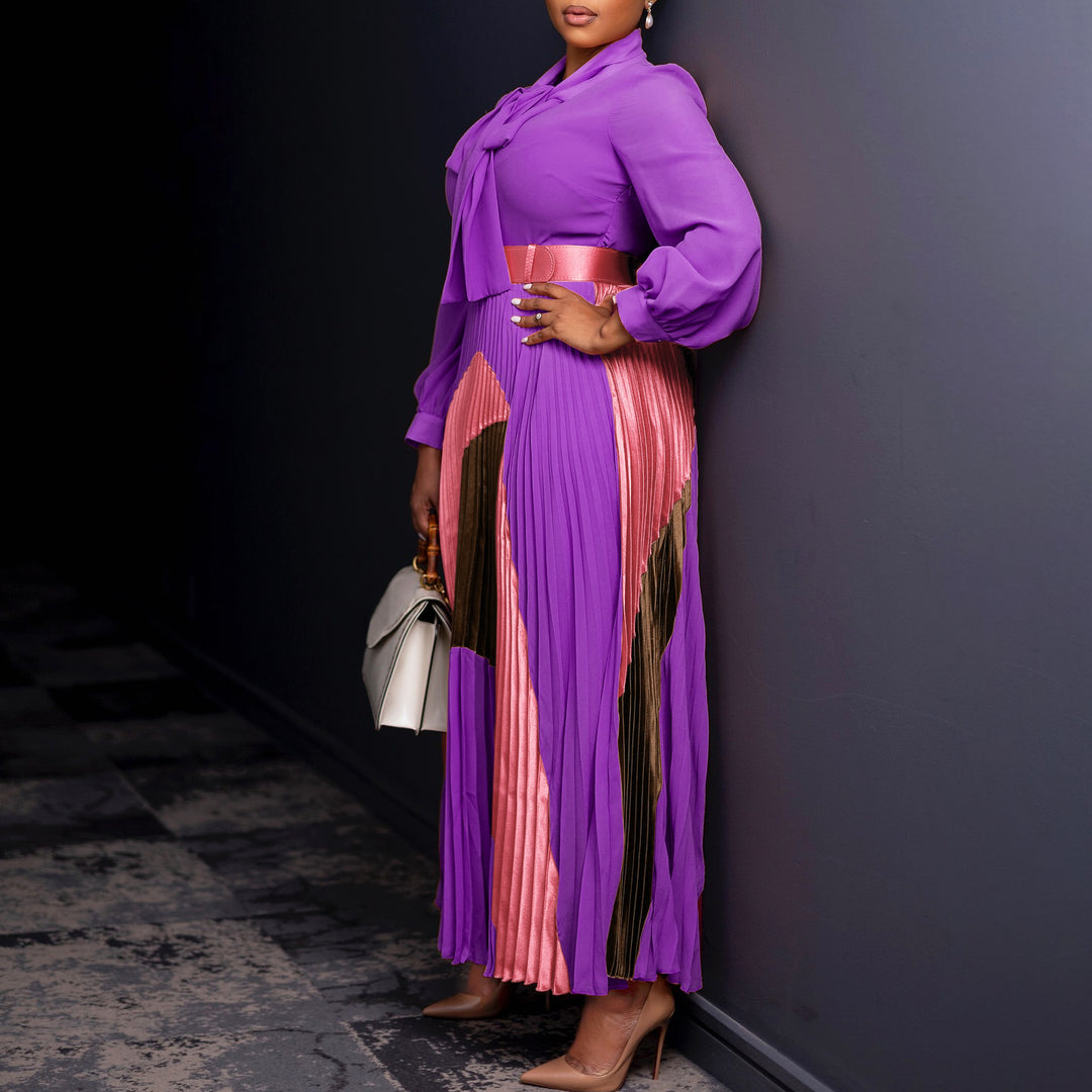 Damen Maxikleid mit elegantem Schlitz und verspieltem Krawattenkragen Drune