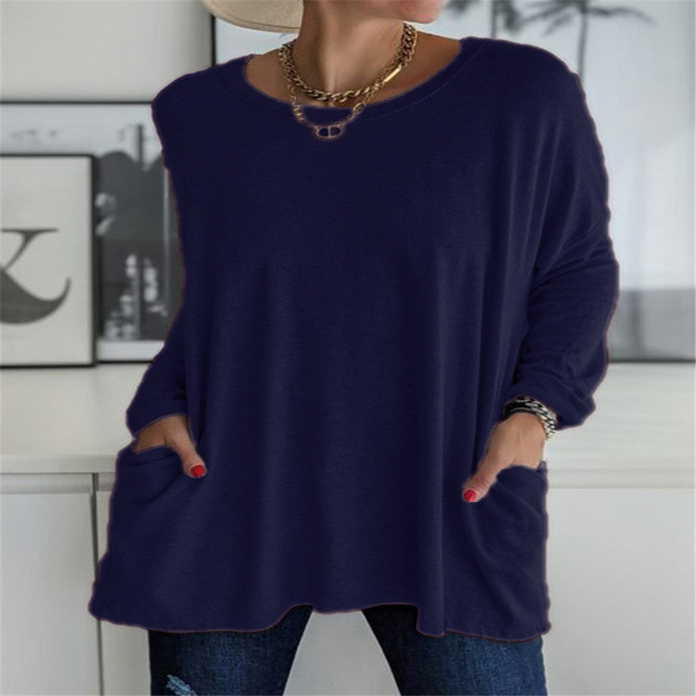 Damen nan oversized Longsleeve-Tunika mit Rundhalsausschnitt, überschnittener Schulter und aufgesetzten Taschen Drune