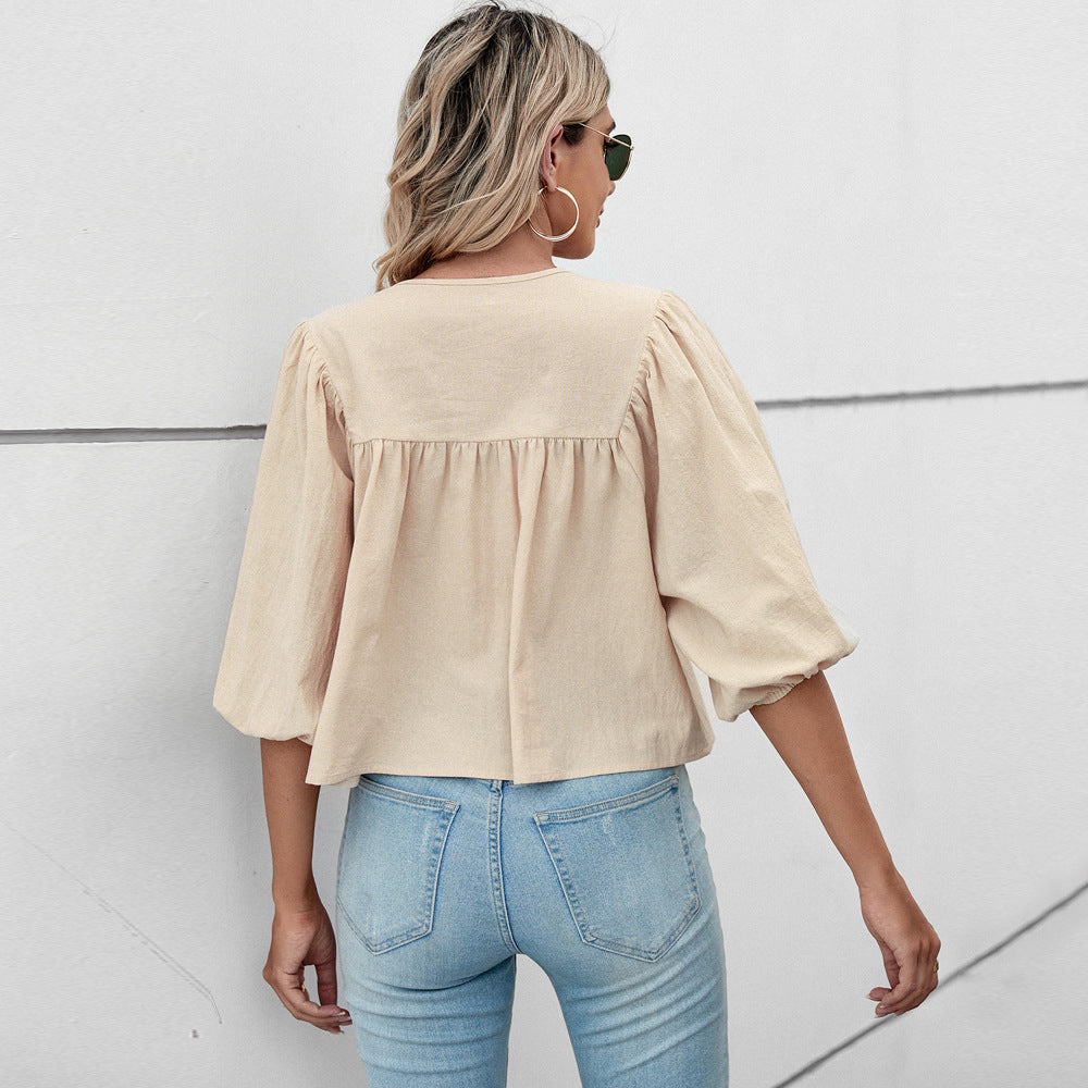 Damen lockere Babydoll-Bluse mit Schleifenkragen und 3/4-Volumenärmeln Drune