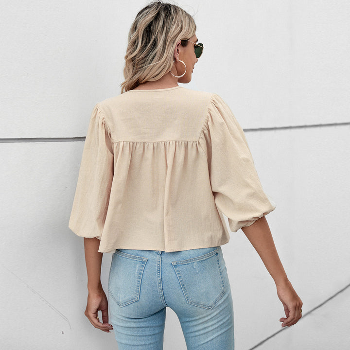 Damen lockere Babydoll-Bluse mit Schleifenkragen und 3/4-Volumenärmeln Drune