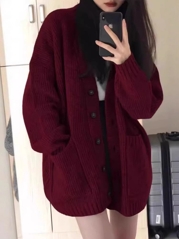 Damen Oversize Strickcardigan mit aufgesetzten Taschen und durchgehender Knopfleiste Drune