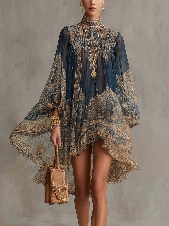 Damen Ätherisches Chiffon Tunika Kleid mit Hohem Stehkragen und Ballonärmeln Drune