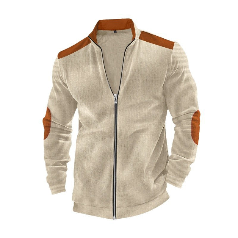 Herren nan Stehkragen-Sweatjacke mit feiner Rippstruktur, Ellbogen-Patches und kontrastierenden Schulterdetails Drune