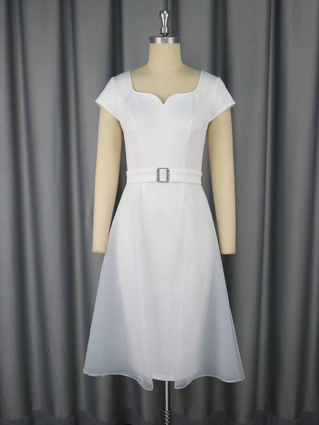 Damen stilvolles A-Linien Kleid mit schickem Tüllüberwurf und dekorativem Taillengürtel Drune