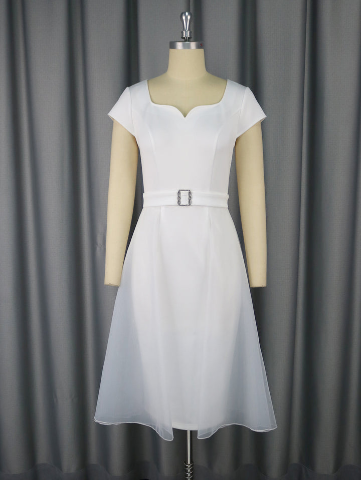Damen stilvolles A-Linien Kleid mit schickem Tüllüberwurf und dekorativem Taillengürtel Drune