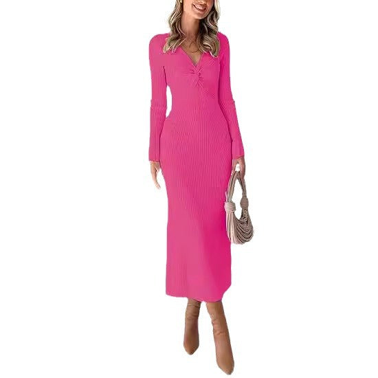 Damen elegantes Strickkleid mit tiefem V-Ausschnitt und figurschmeichelnder Rippstruktur Drune