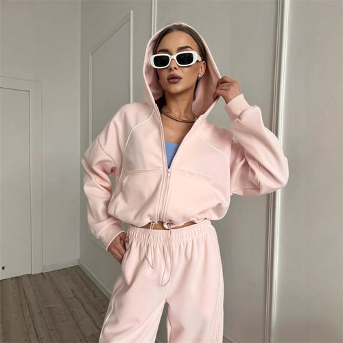 Damen nan Kapuzenjacke und weite Jogginghose Set mit kontrastnähten Drune