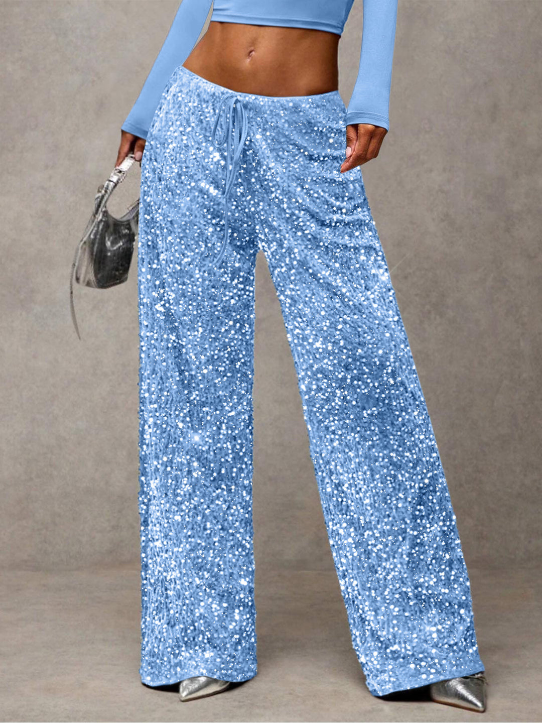 Damen Pailletten-Palazzohose mit hohem Bund und Kordelzug Drune