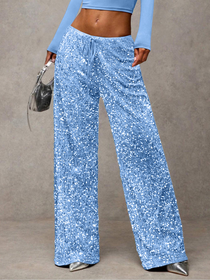 Damen Pailletten-Palazzohose mit hohem Bund und Kordelzug Drune