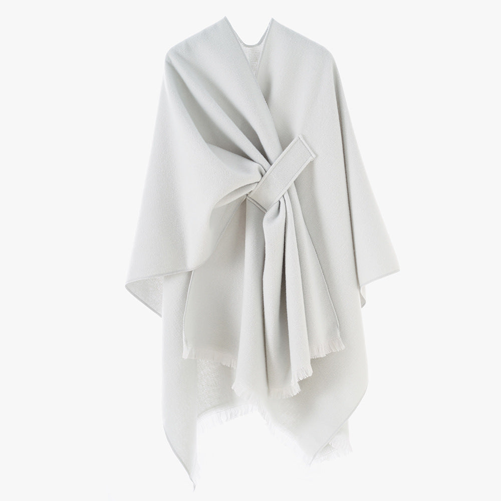 Damen Strickponcho mit geometrischem Blockmuster und Fransen Drune