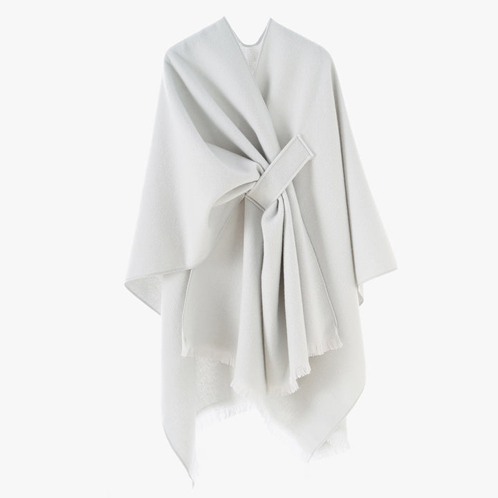 Damen Strickponcho mit geometrischem Blockmuster und Fransen Drune