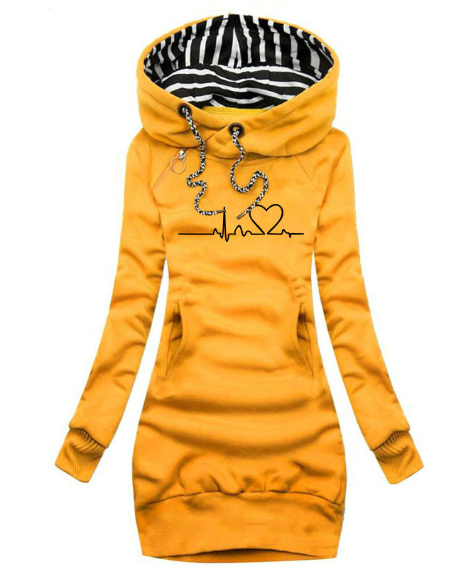 Damen Kapuzen-Sweatkleid mit gestreiftem Kapuzenfutter, Kängurutasche und Herz-EKG-Druck Drune