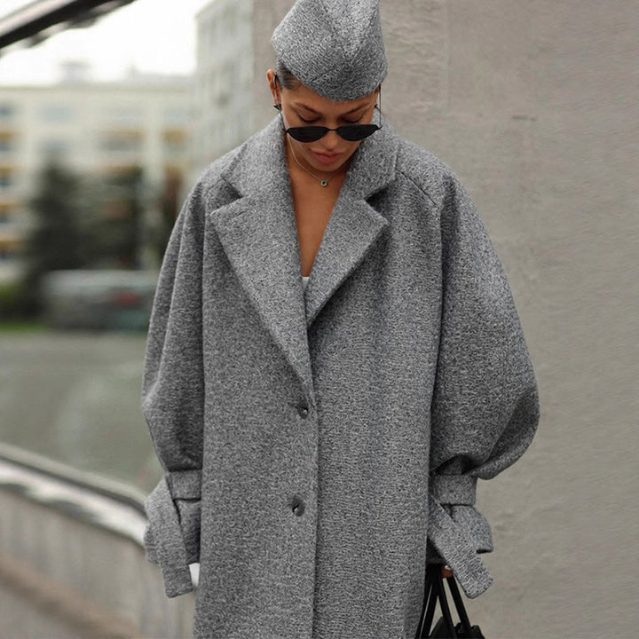 Damen Oversized Wollmantel mit gestreiftem Design und Gürtel Drune