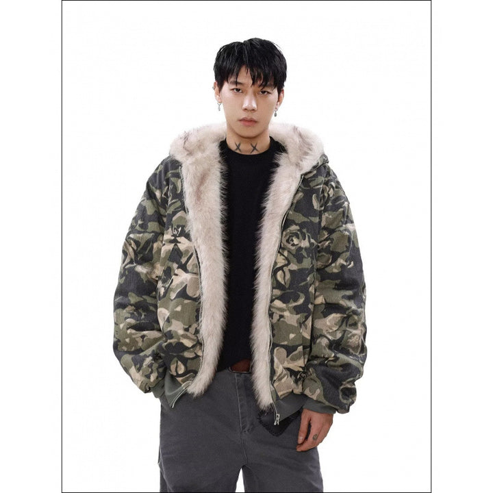 Herren Warmer gefütterter Camouflage-Bomber mit Kapuze und Kunstfellbesatz Drune