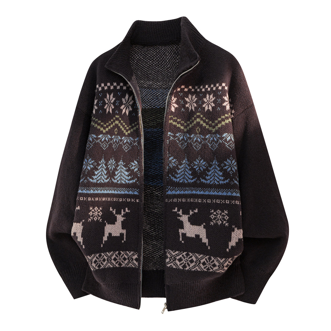 Unisex Zip-Strickjacke im Norwegerstil mit hohem Kragen und Kassettenmuster Drune