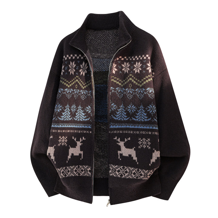 Unisex Zip-Strickjacke im Norwegerstil mit hohem Kragen und Kassettenmuster Drune