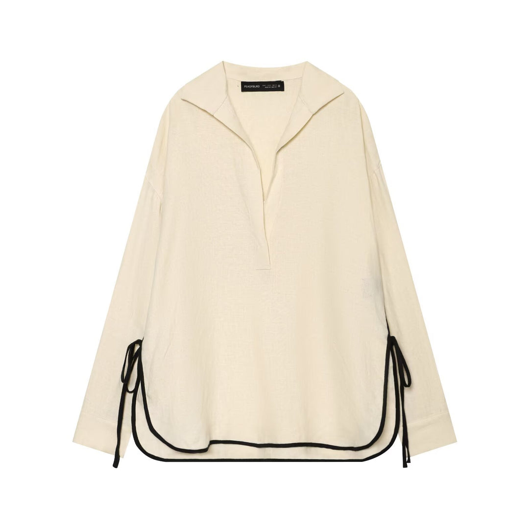 Damen Oversize Tunika-Pullover mit Polo-Kragen und seitlichen Zierbändern Drune