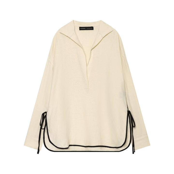 Damen Oversize Tunika-Pullover mit Polo-Kragen und seitlichen Zierbändern Drune
