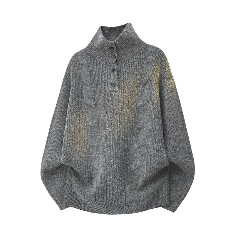 Damen Oversize Zopfstrickpullover mit hohem Rollkragen und Knopfleiste Drune