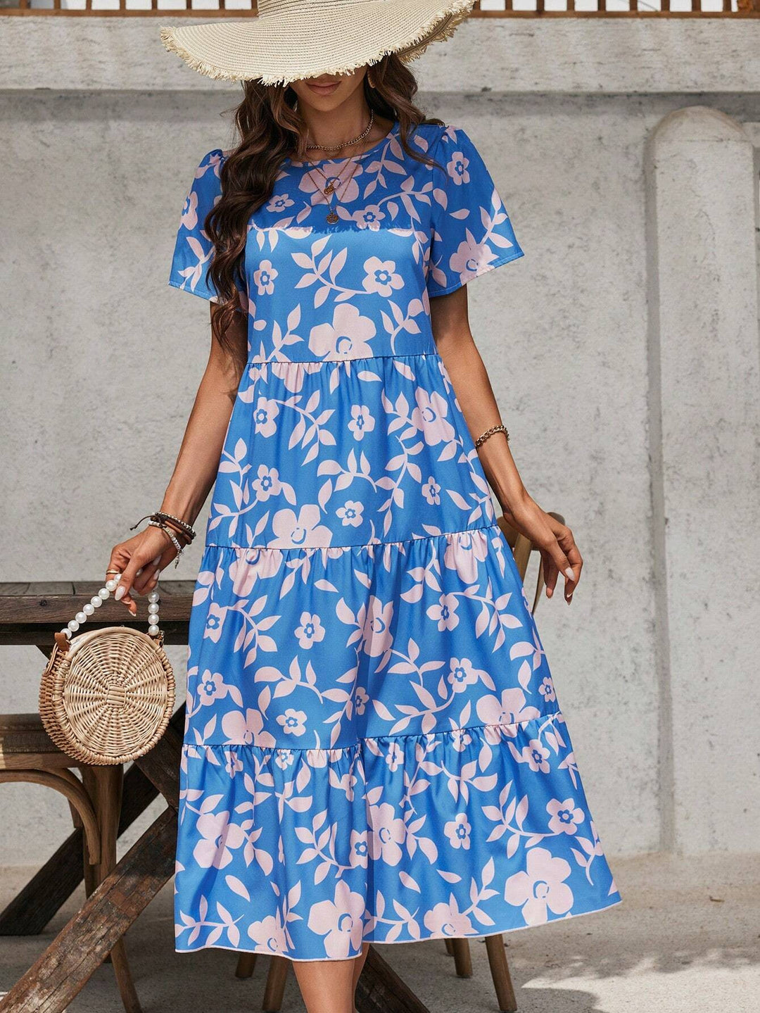 Damen nan luftiges Stufenmidikleid mit hoher Taillennaht, kurzem Ärmel und durchgehendem Blumenmuster Drune