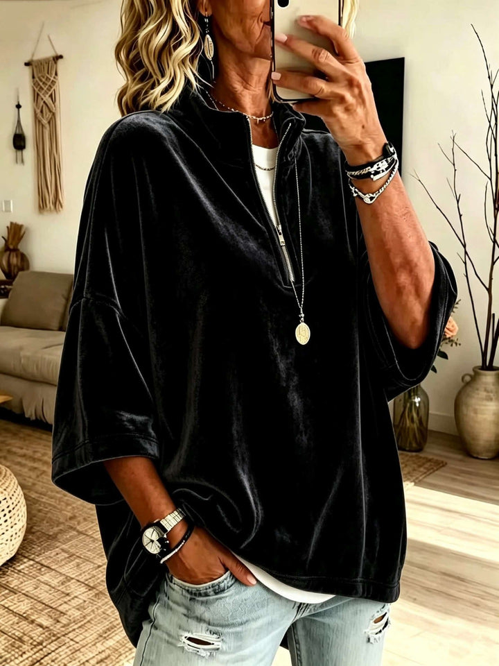 Damen Oversize Samt-Pullover mit kurzem Reißverschluss und Stehkragen Drune