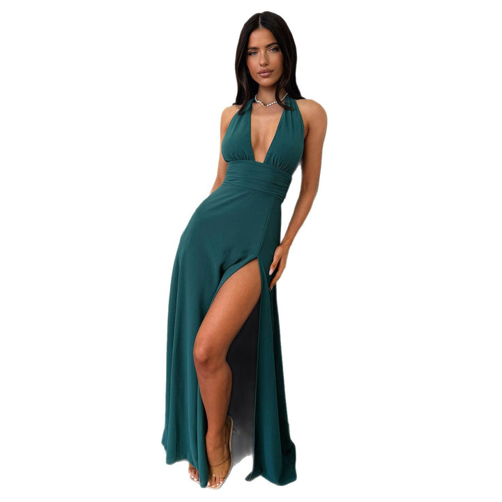 Damen Maxi Kleid mit tiefem V-Ausschnitt und hohem Beinschlitz Drune