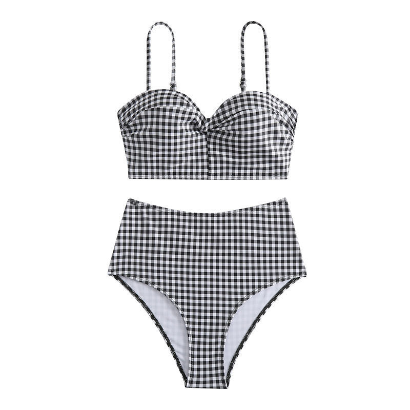 Damen Hochgeschnittener Karo-Bikini mit gepolstertem Oberteil Drune