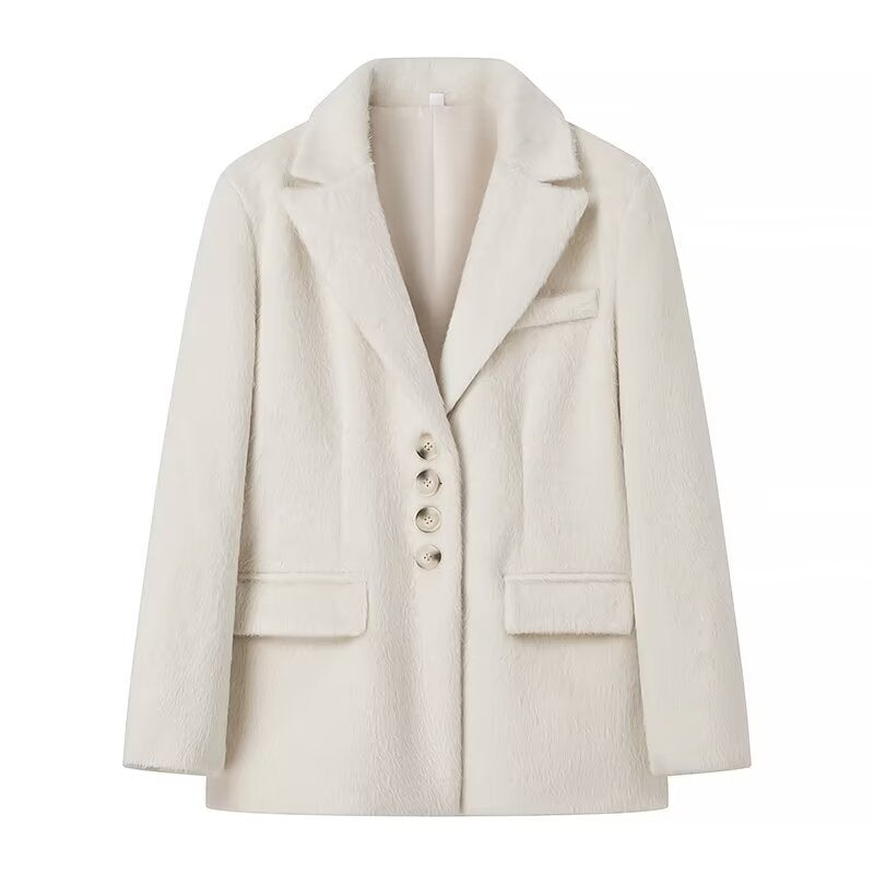 Damen nan taillierter Kurzmantel-Blazer in Teddyoptik mit Reverskragen und Pattentaschen Drune