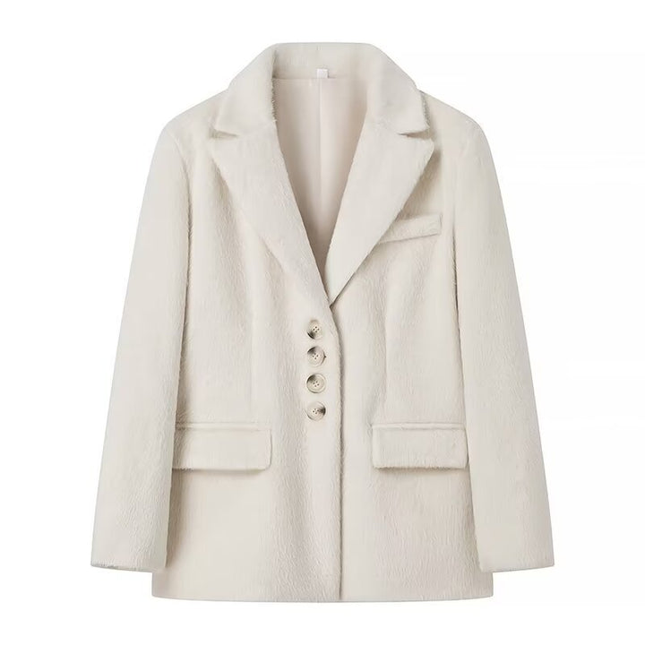 Damen nan taillierter Kurzmantel-Blazer in Teddyoptik mit Reverskragen und Pattentaschen Drune