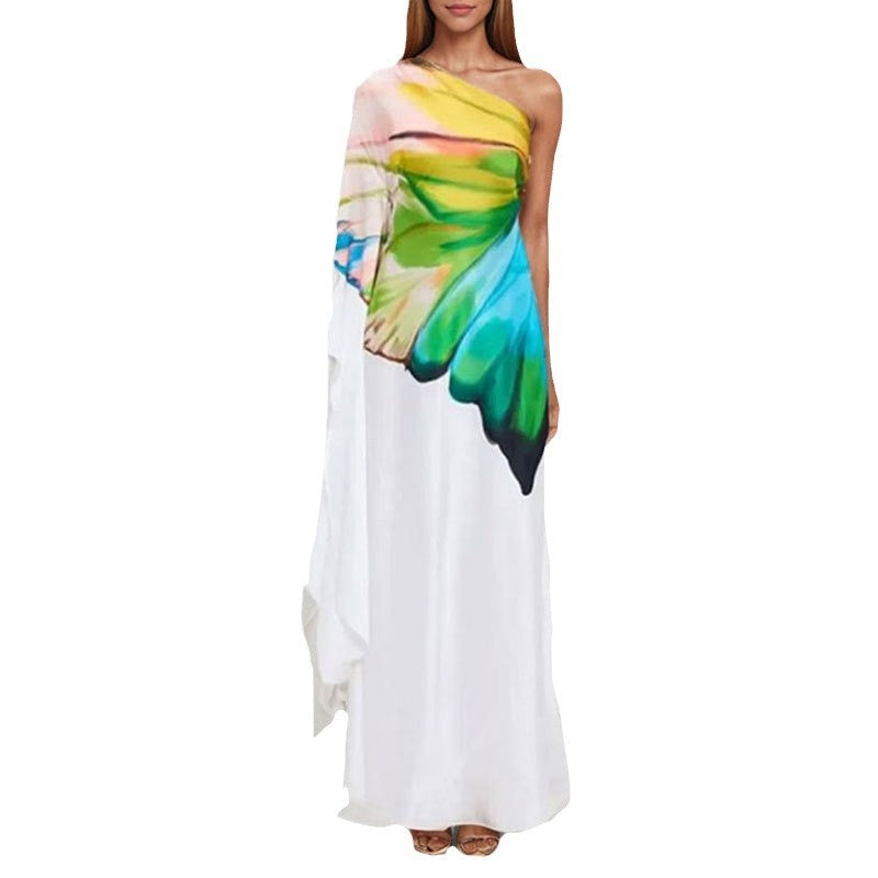 Damen Maxikleid mit asymmetrischem Design und künstlerischem Druck Drune