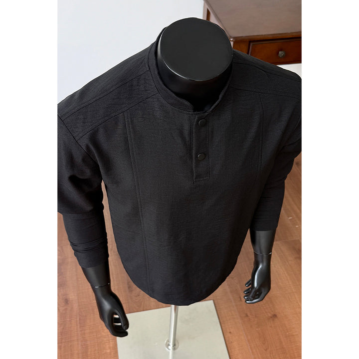 Herren Elegant modernes Langarm-Shirt mit Stehkragen und Knopfleiste Drune