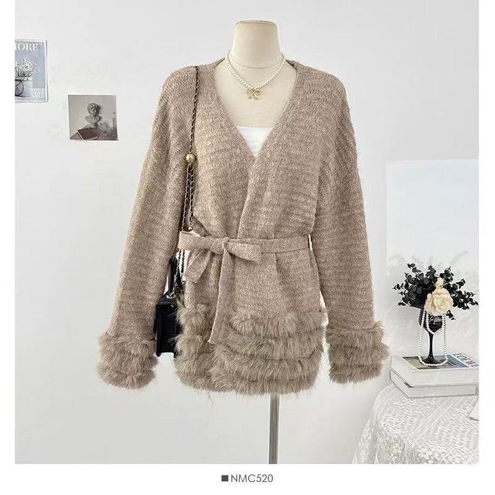 Damen Flauschiger Cardigan mit Kunstfellkragen Drune