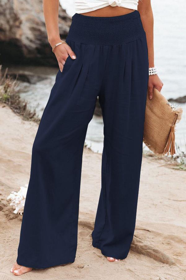 Damen weite Leinenhose mit elastischem Taillenbund und seitlichen Falten Drune